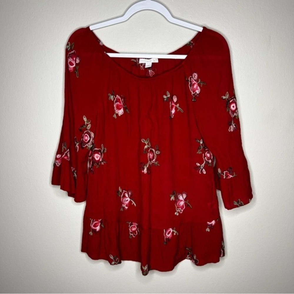 Westport Embroidered Rose Print Peasant Romantic Feminine Drop Waist Top